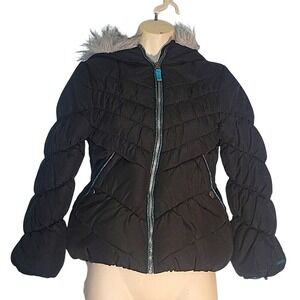 LONDON FOG Puffer Jacket Quilted Padded Coat Faux Fur Trim Hooded‎ Black 10/12